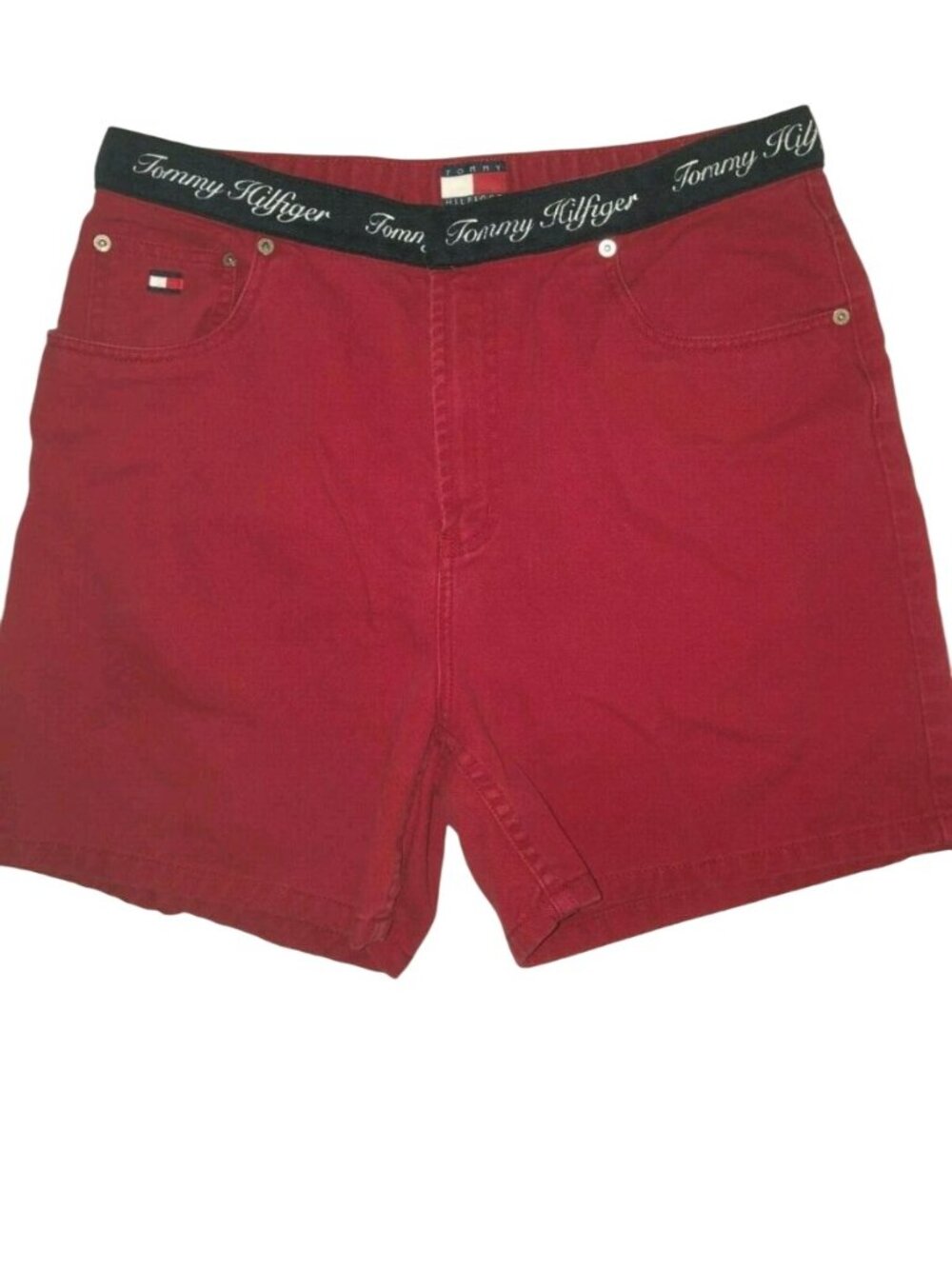 Vtg 80's 90's Tommy Hilfiger  Red Denim Shorts Elastic Spell Logo Waist Size 30"
